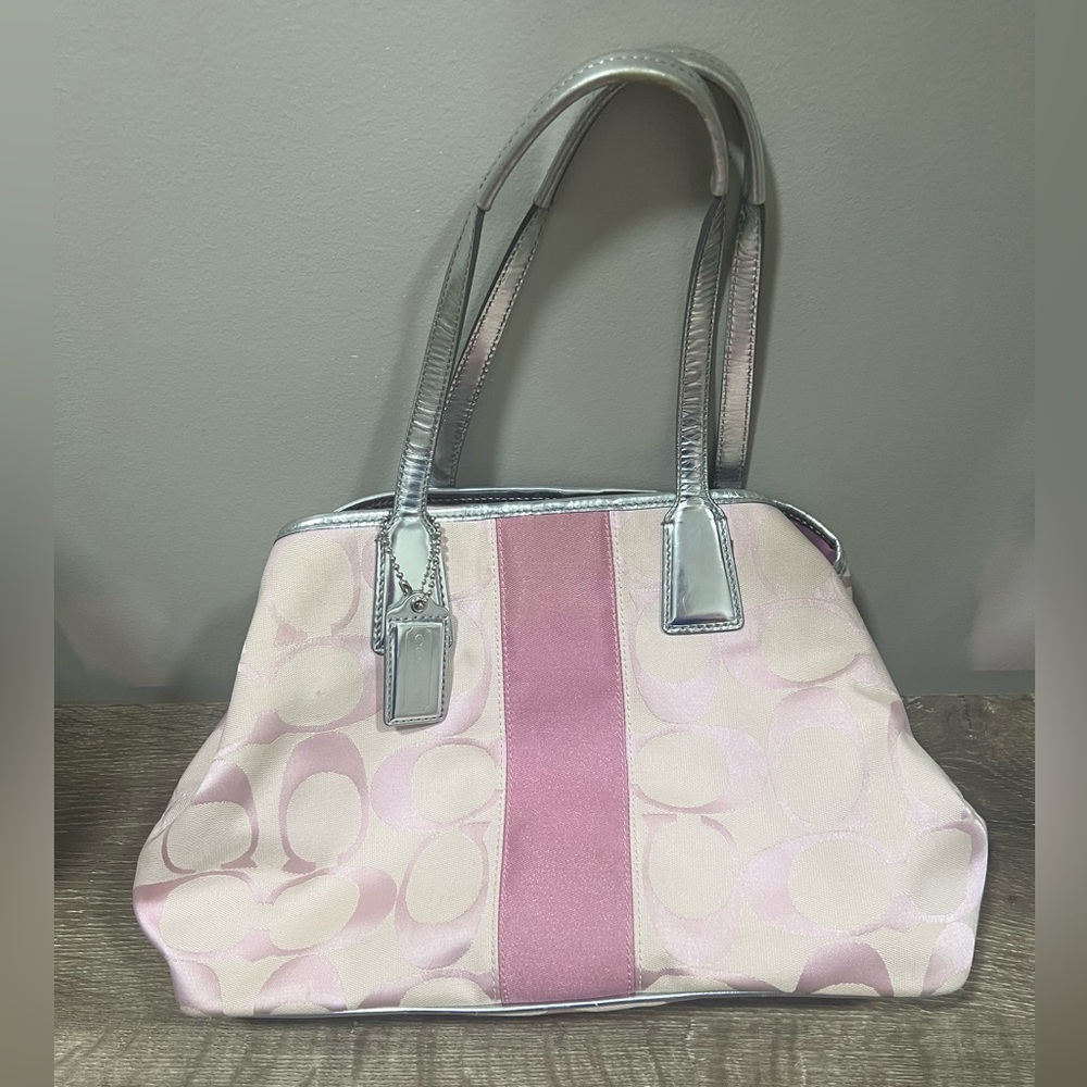 Coach Signature Stripe Pink/Silver Satchel
